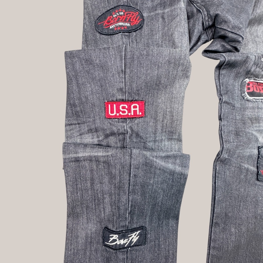Born Fly Jeans Mens 42x33 Black Discharge Baggy Leg Patches Y2K Streetwear - Picture 13 of 16